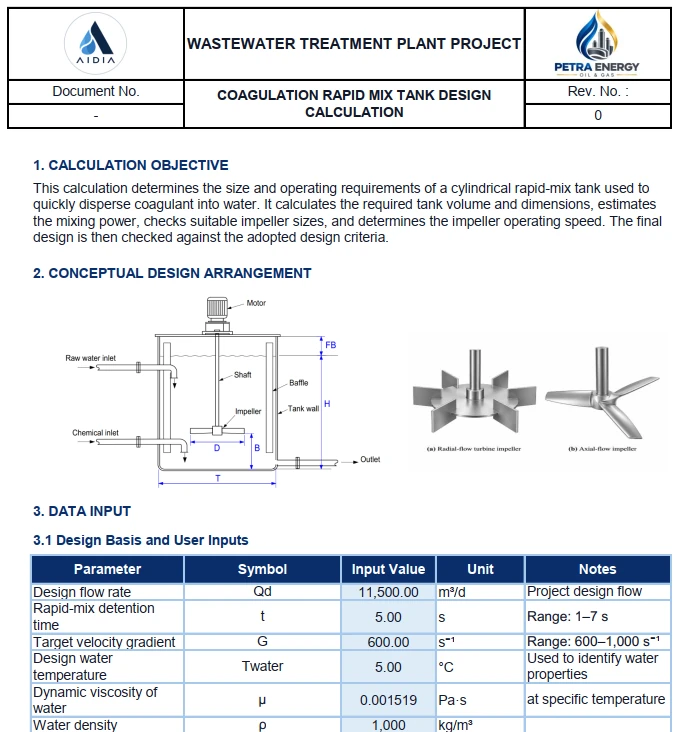 Coagulation Rapid Mix Tank workbook calculation sheet preview