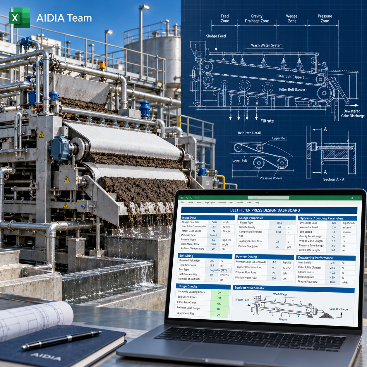 AIDIA Belt Filter Press workbook product cover with industrial belt press and engineering blueprint illustration