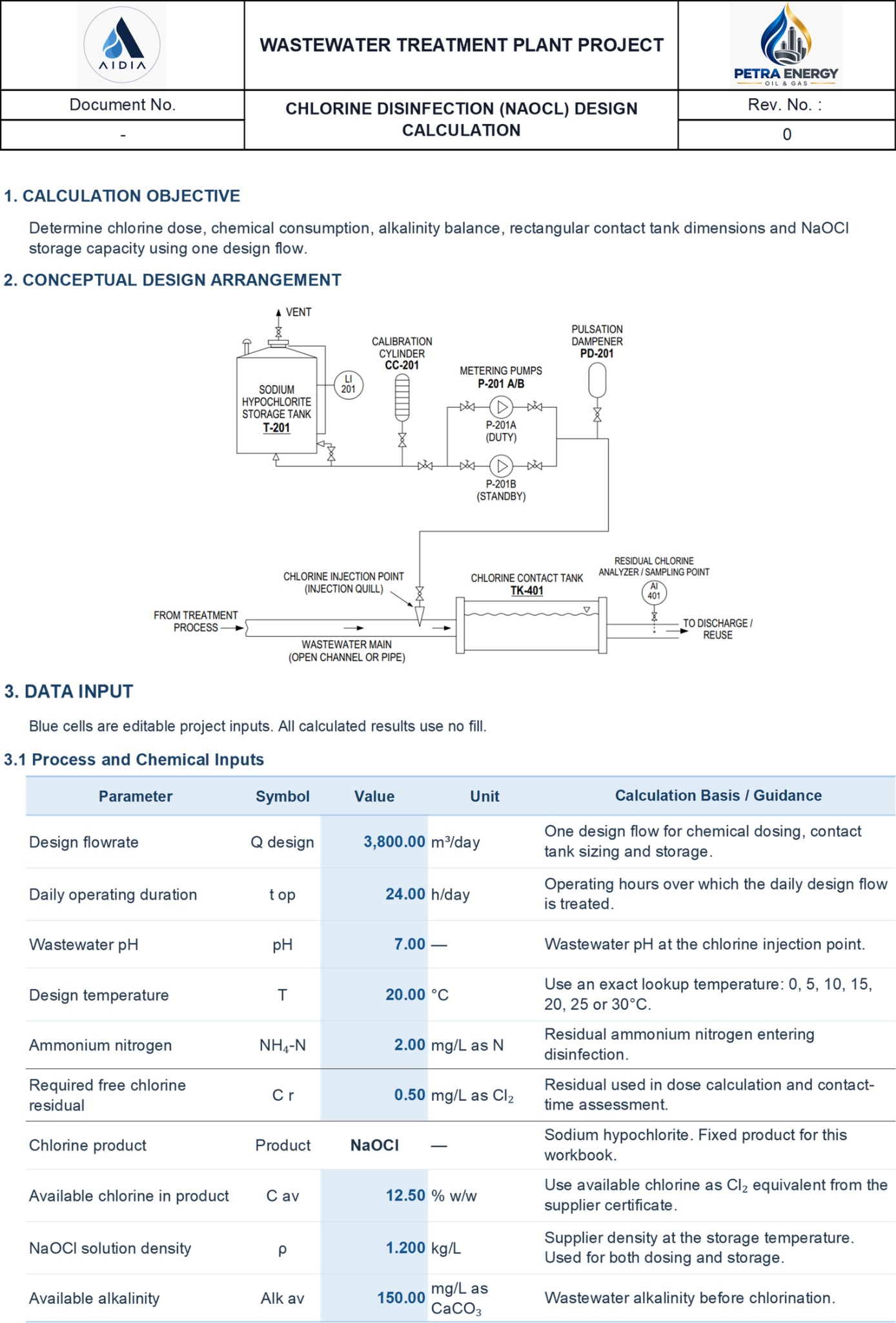 Actual chlorine disinfection NaOCl calculation sheet excerpt