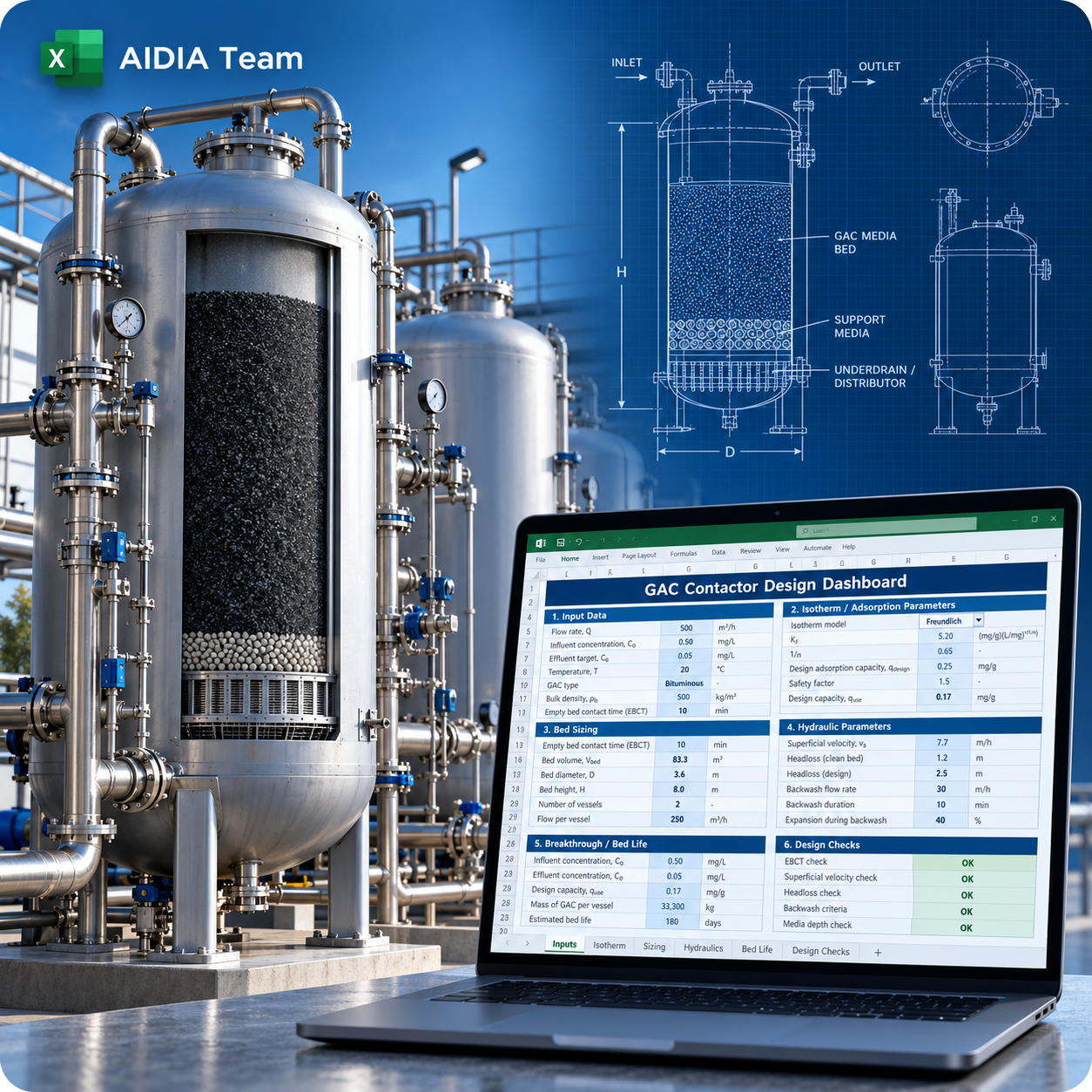 AIDIA GAC Contactor Design Calculation promotional image featuring a granular activated carbon vessel and Excel workbook