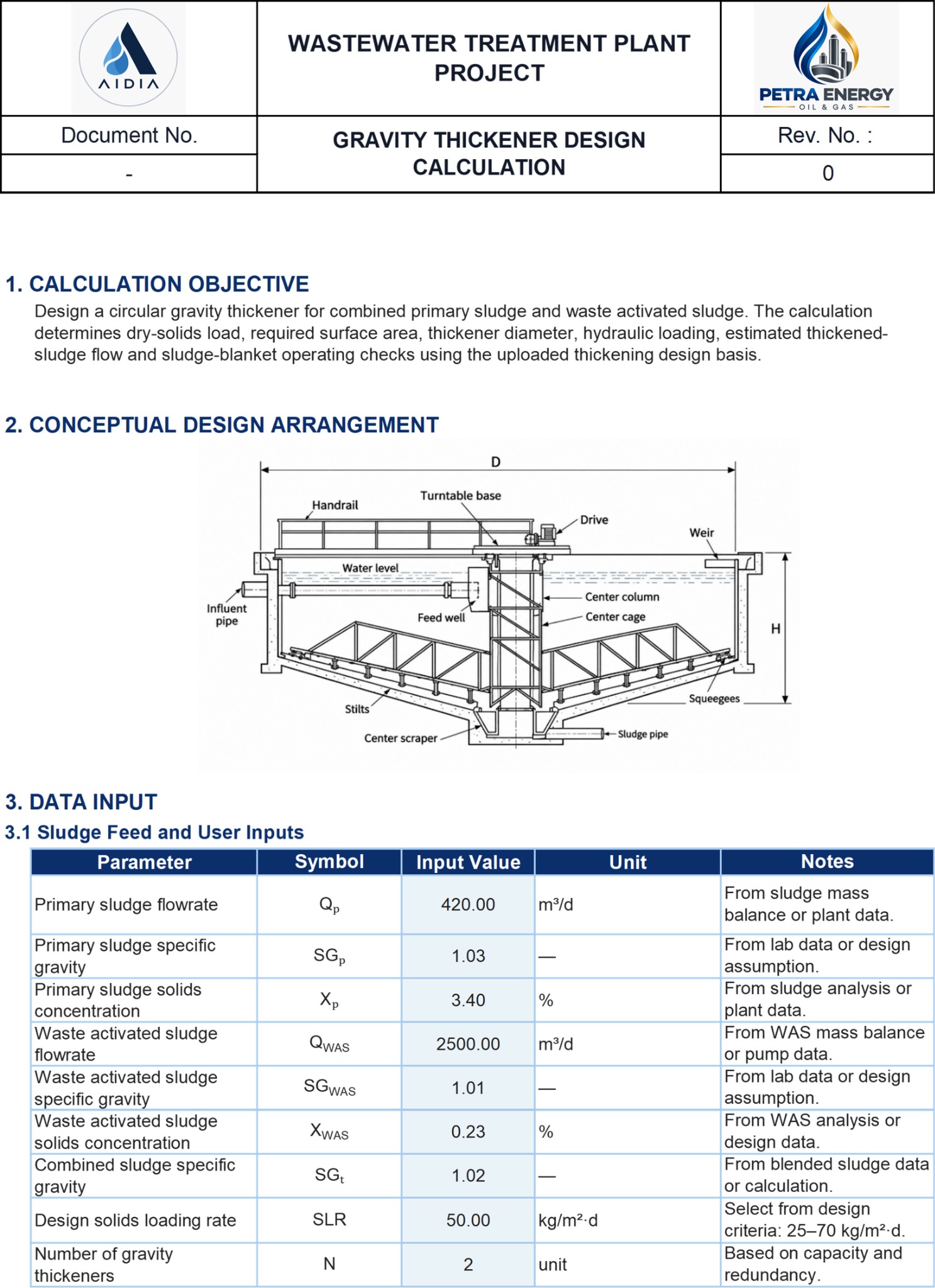 Actual gravity thickener Excel calculation sheet excerpt
