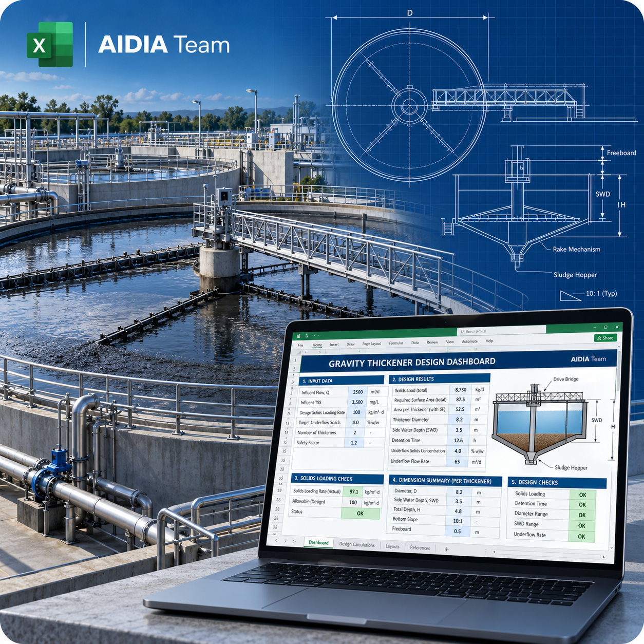 AIDIA Gravity Thickener Design Calculation promotional image featuring a circular gravity thickener and Excel workbook