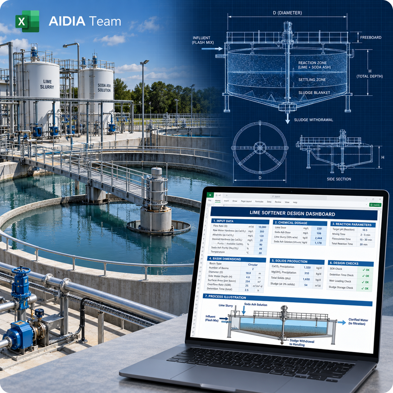 AIDIA Lime Softener workbook cover featuring a lime–soda solids-contact softening unit and Excel design dashboard