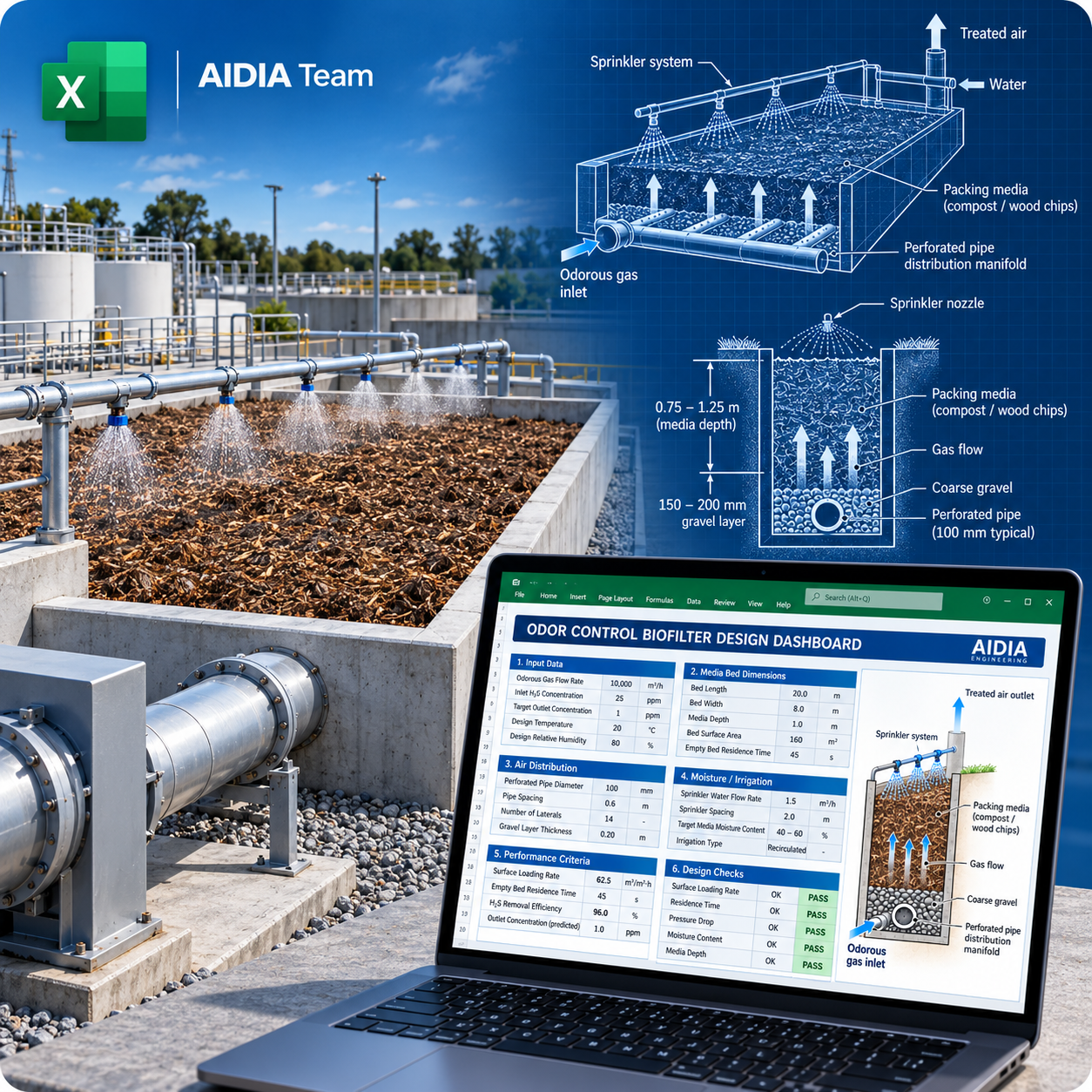 AIDIA Odor Control Biofilter promotional image featuring packed biofilter media, sprinkler irrigation, an air distribution manifold, and workbook preview