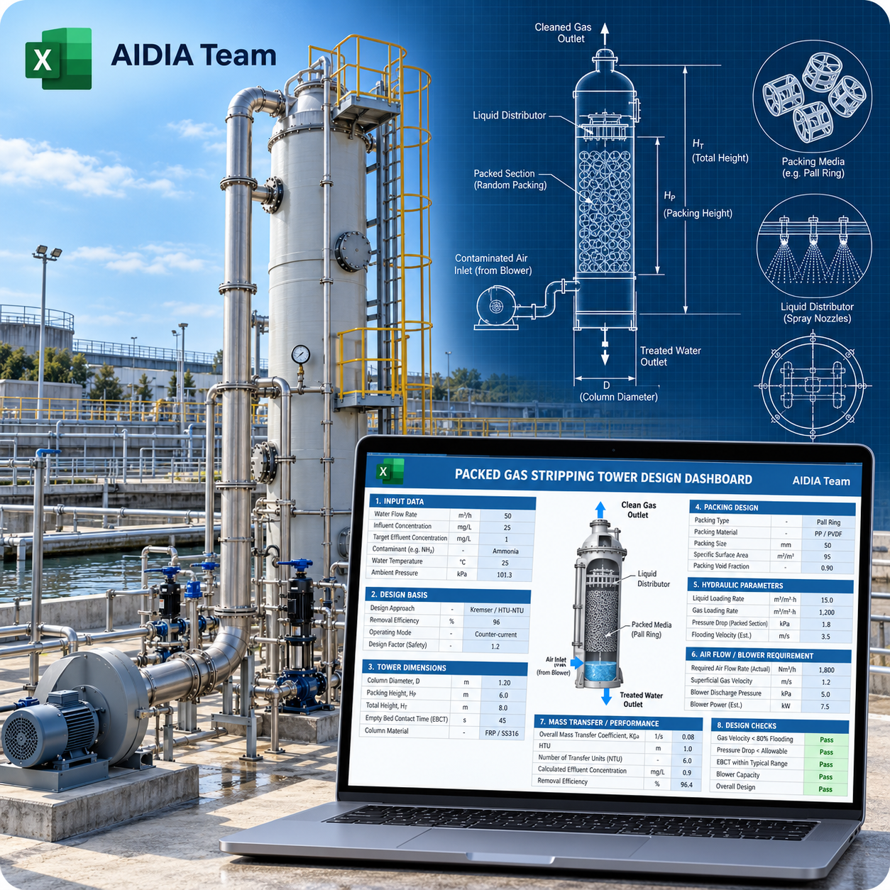 AIDIA Packed Gas Stripping Tower Design Calculation promotional image featuring a packed tower and Excel workbook