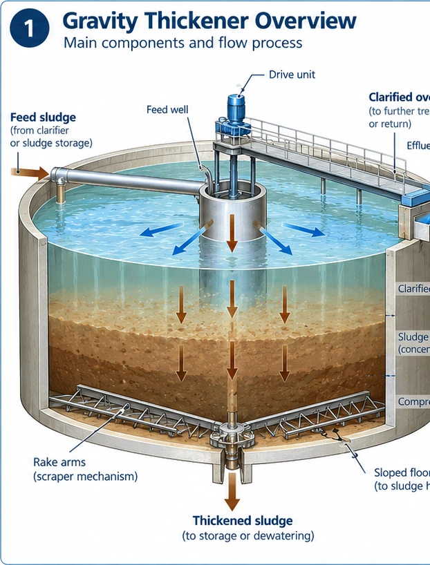 Illustrative gravity thickener configuration showing feed well, sludge blanket, rake arms, overflow, and thickened sludge withdrawal