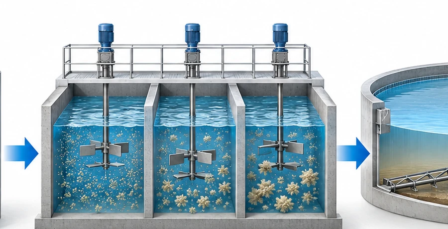 Water treatment flocculation and mixing process technical diagram