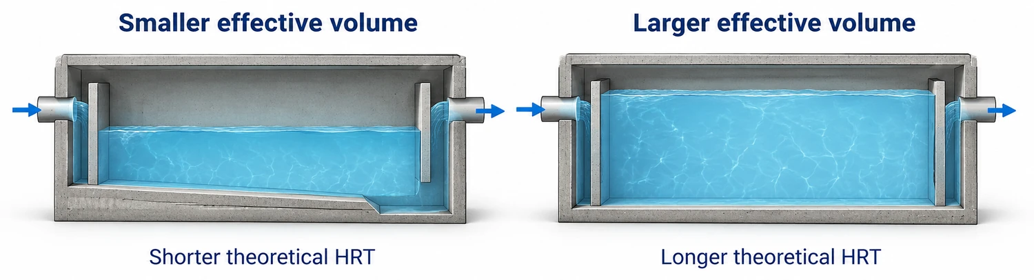 Relationship between usable volume and theoretical residence time at the same flow