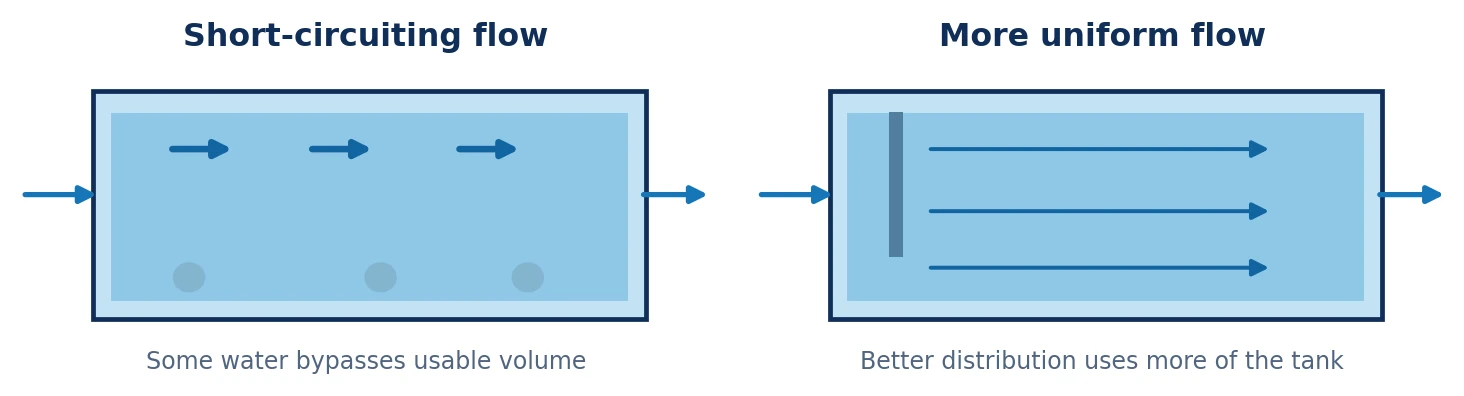 Simplified illustration of short circuiting versus more distributed tank flow
