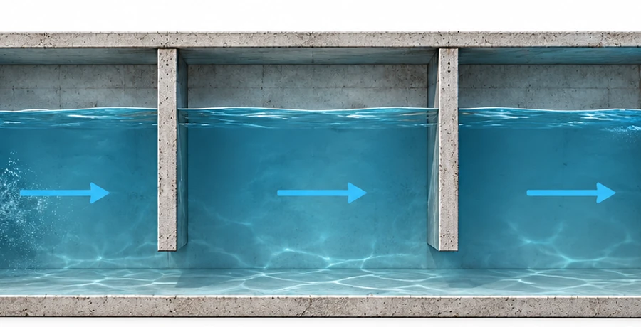 Hydraulic retention time and sedimentation basin flow illustration